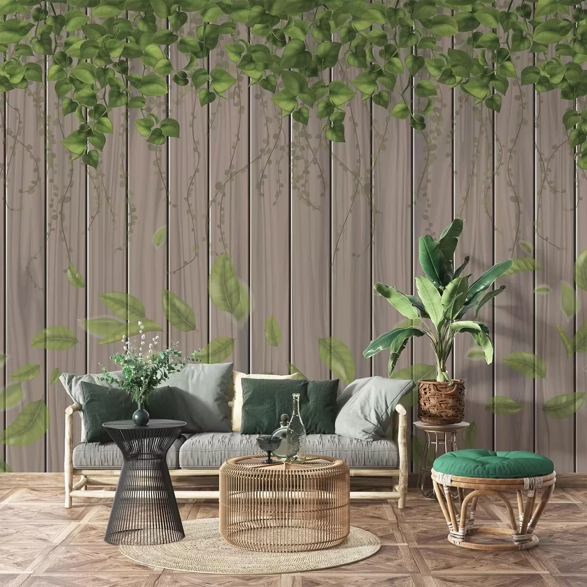 Papier peint Planches en bois imitation avec feuilles suspendues w04603