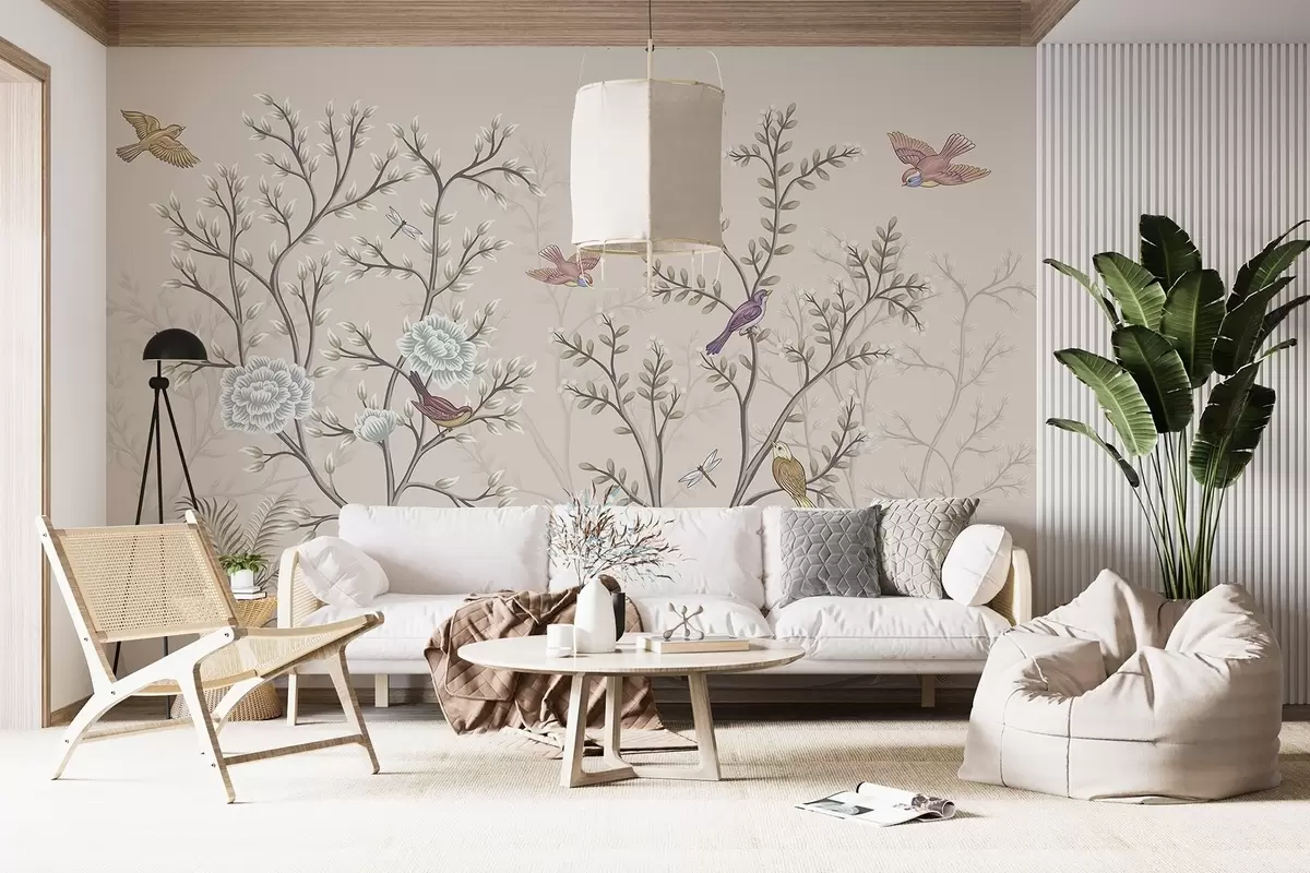 Papier peint Arbres avec oiseaux et fleurs w04605