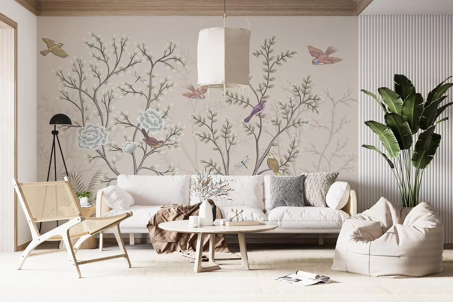 Papier peint Arbres avec oiseaux et fleurs w04605