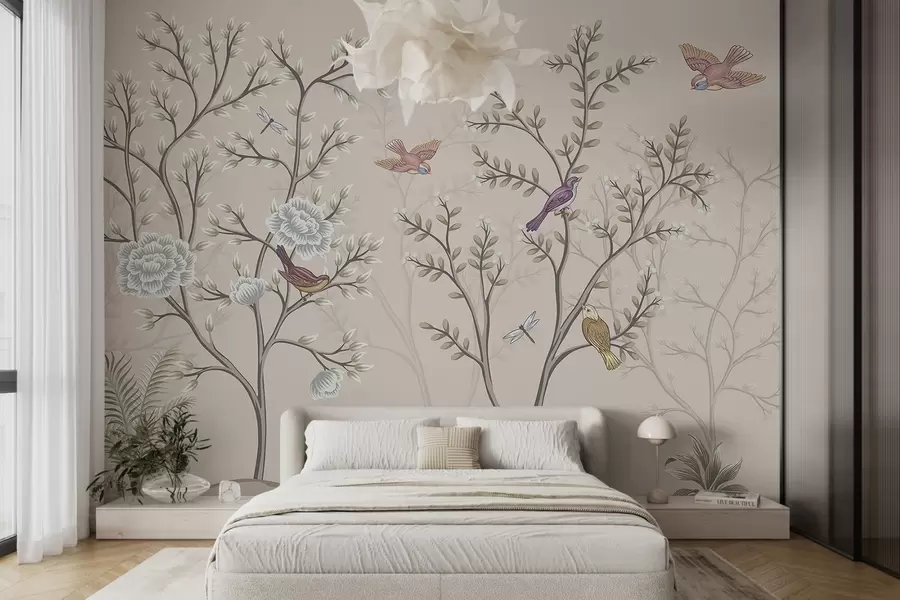 Papier peint Arbres avec oiseaux et fleurs w04605
