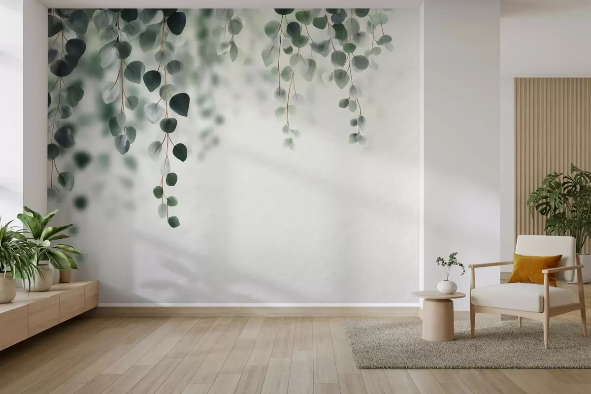 Papier peint Eucalyptus tombant sur un fond clair w04393