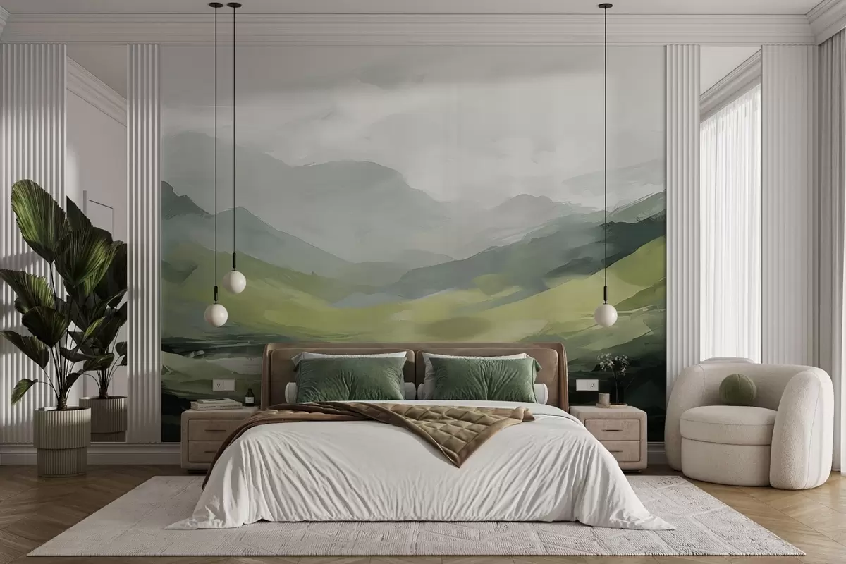Papier peint Paysage montagneux abstrait dans des tons de vert w04447