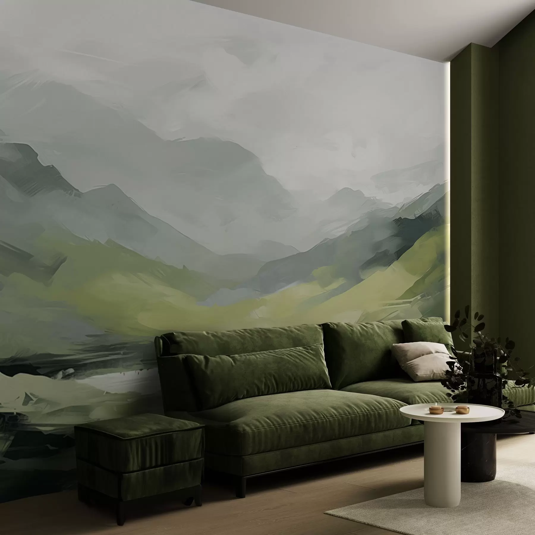 Papier peint Paysage montagneux abstrait dans des tons de vert w04447
