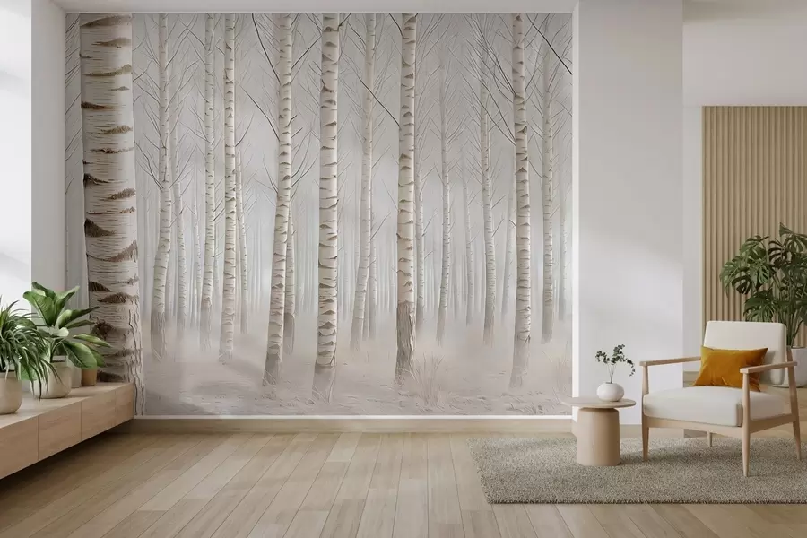 Papier peint Forêt de bouleaux dans le brouillard, minimalisme lumineux w04574