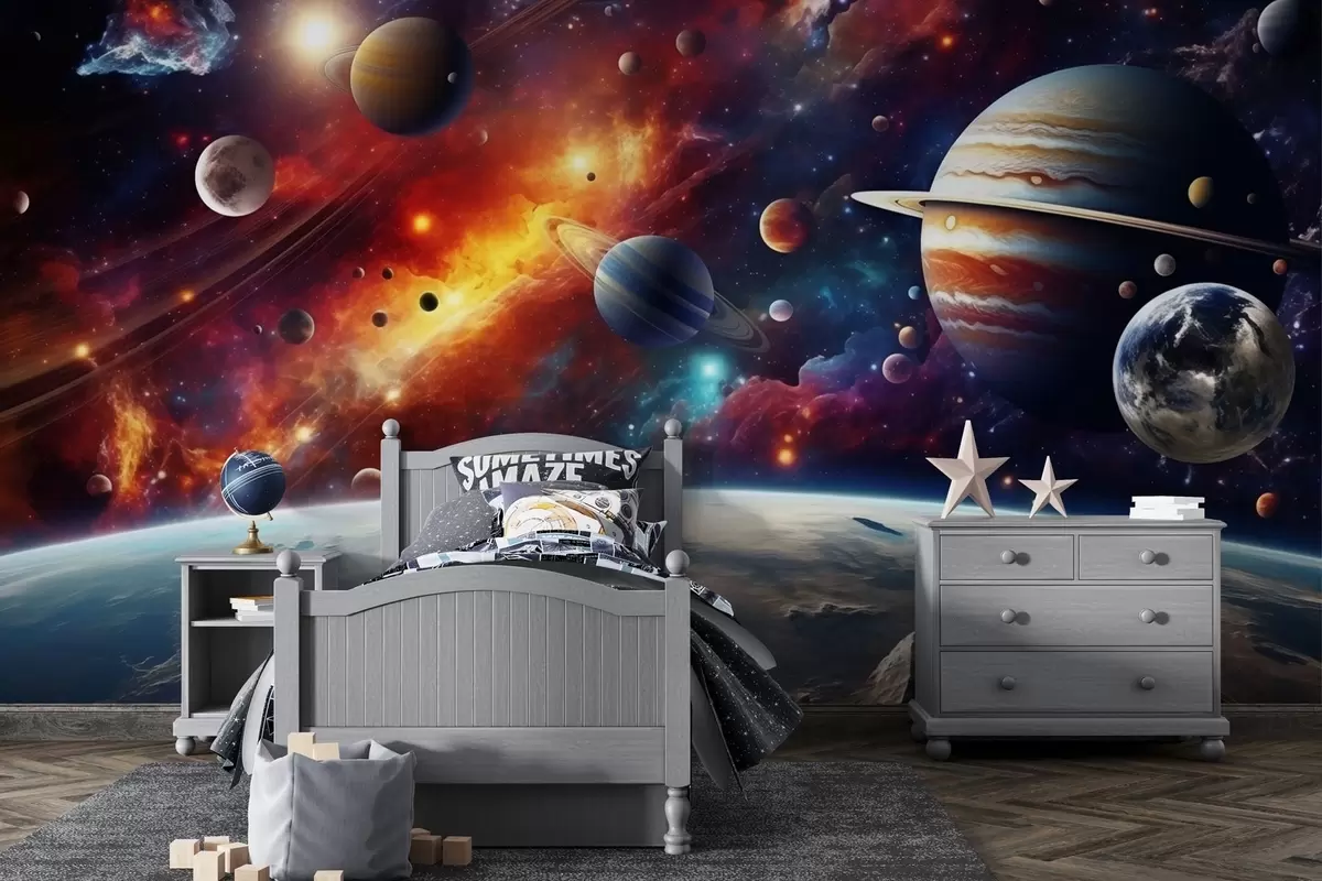 Papier peint Cosmos coloré avec des planètes et des nébuleuses w04576