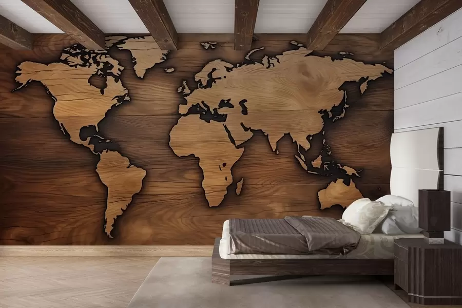 Papier peint Carte du monde en bois avec découpe en relief w04577