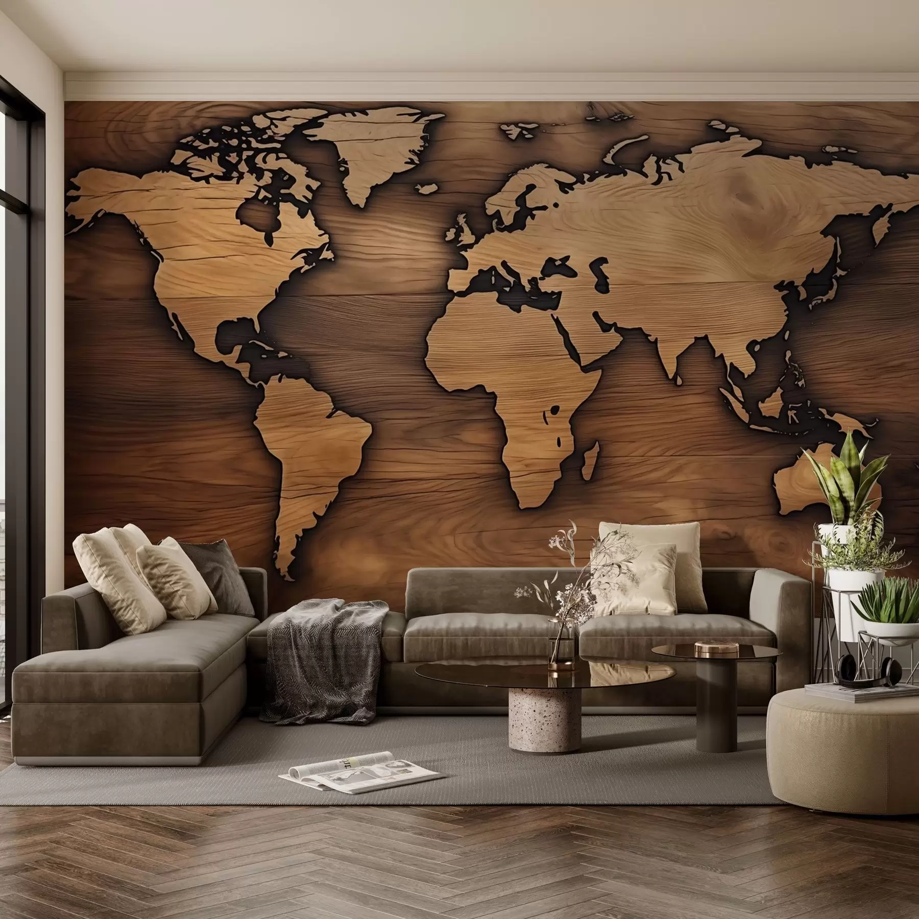 Papier peint Carte du monde en bois avec découpe en relief w04577