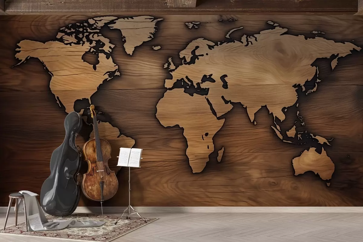 Papier peint Carte du monde en bois avec découpe en relief w04577