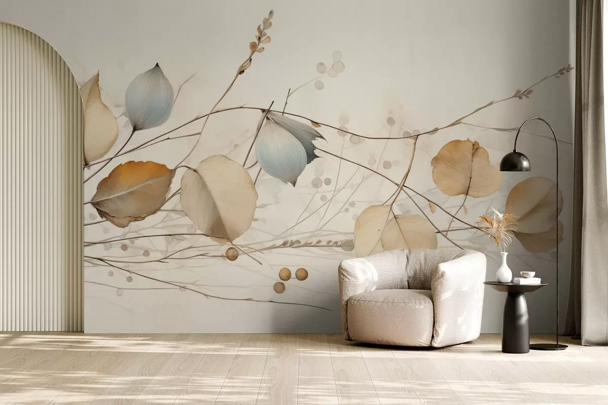 Papier peint Branches délicates avec des feuilles dans les tons beiges w04579