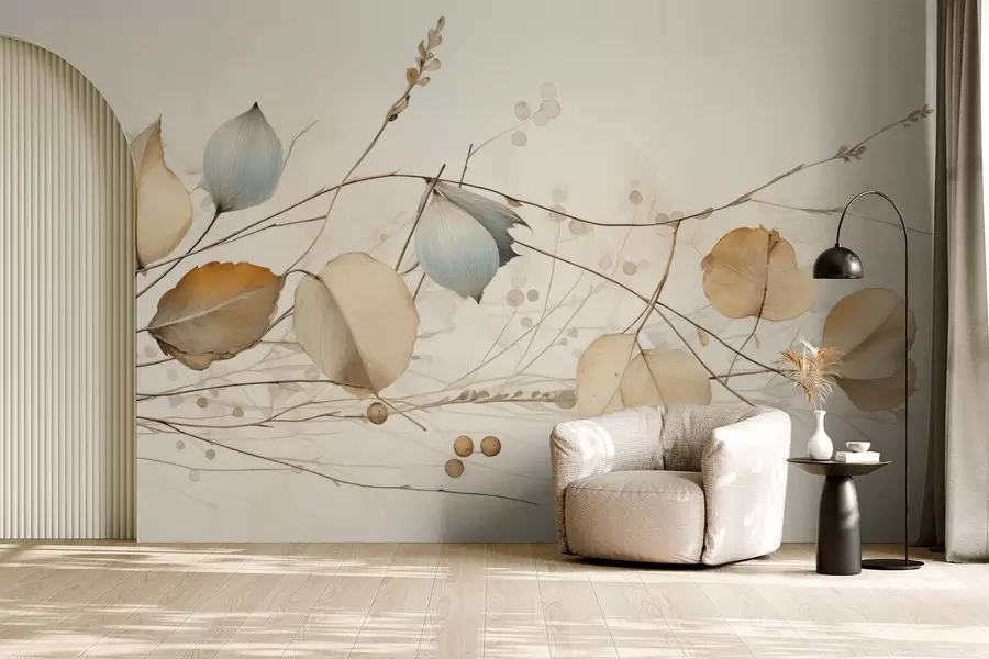 Papier peint Branches délicates avec des feuilles dans les tons beiges w04579