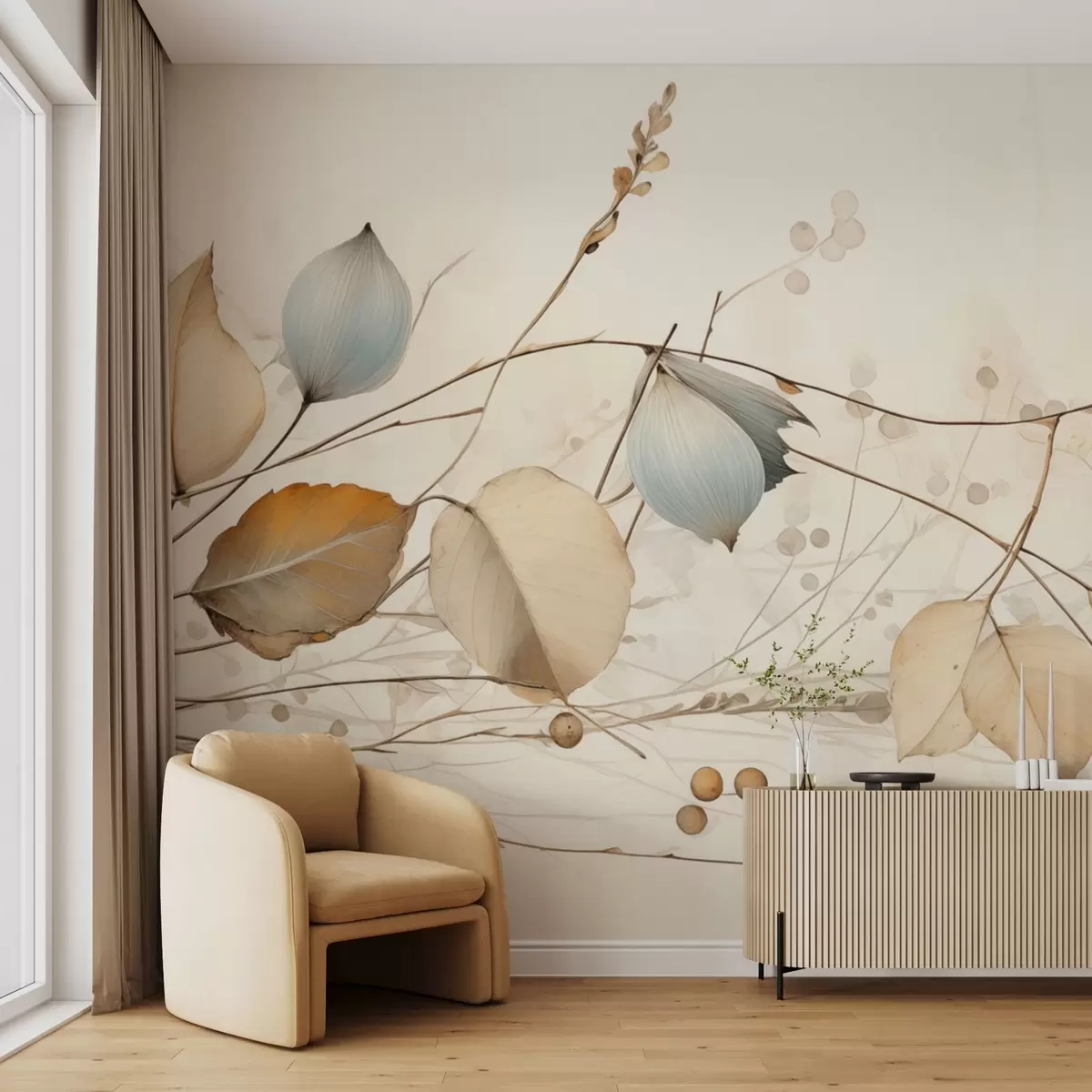 Papier peint Branches délicates avec des feuilles dans les tons beiges w04579