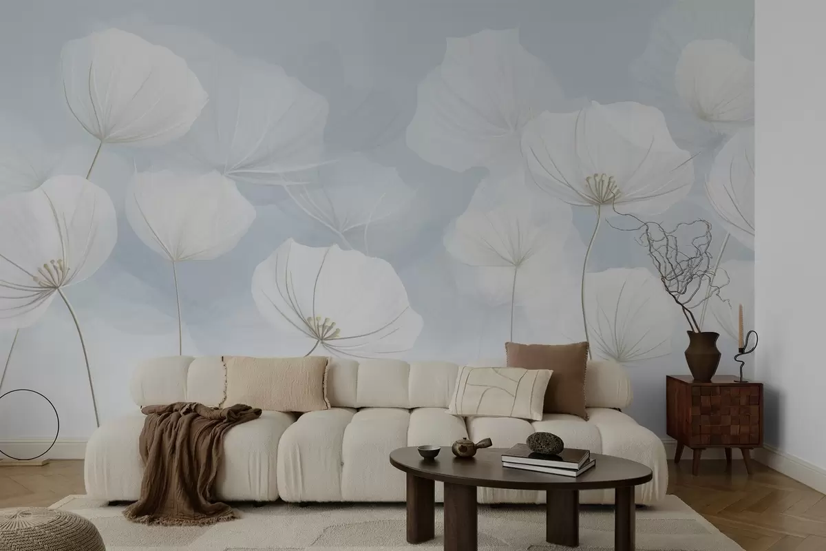 Papier peint Fleurs blanches aériennes sur fond bleu w04580