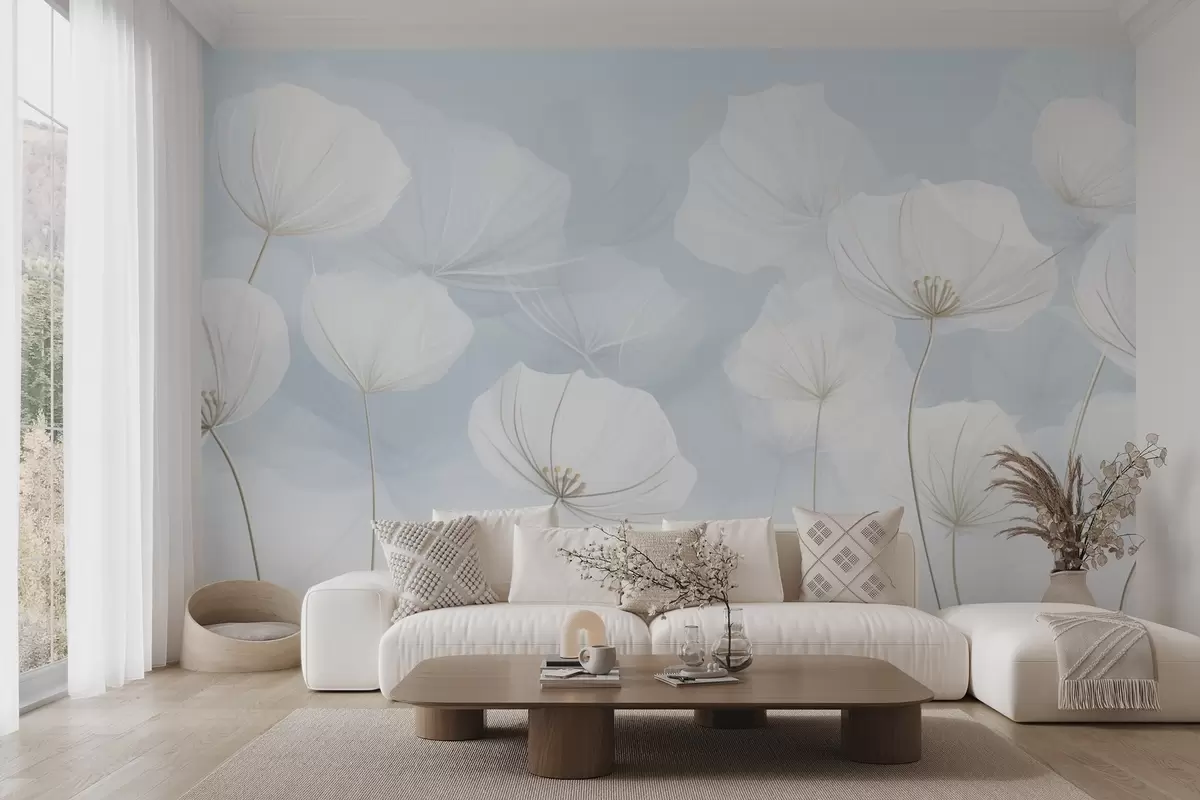 Papier peint Fleurs blanches aériennes sur fond bleu w04580