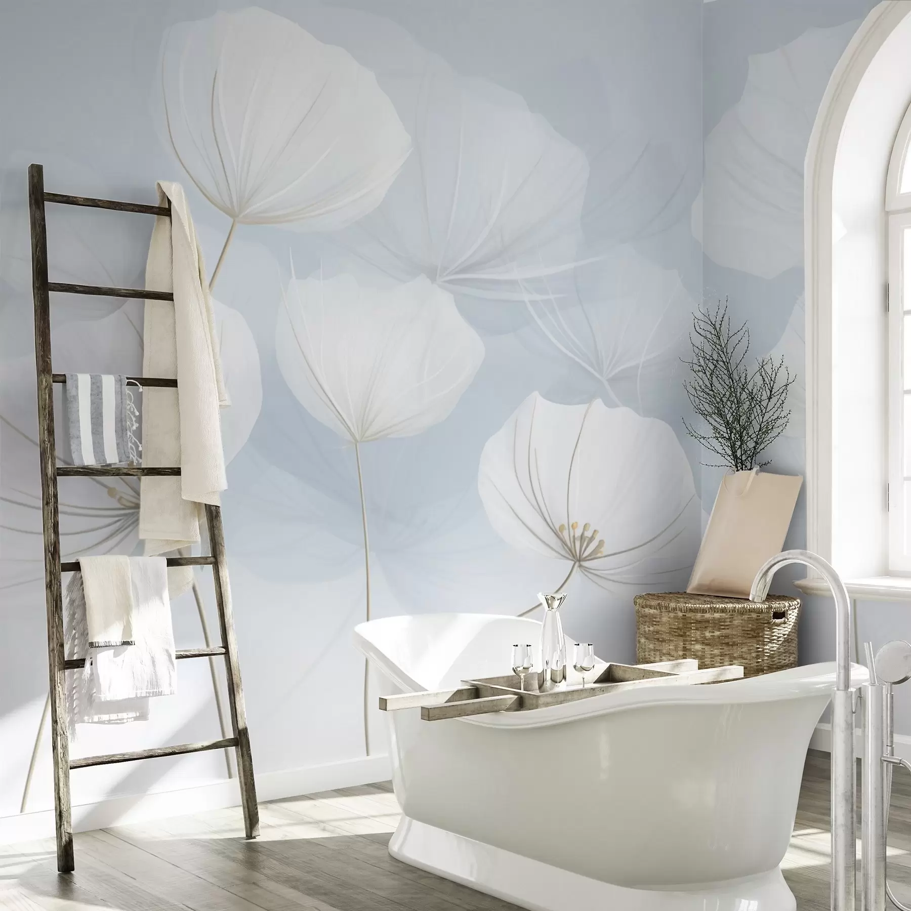 Papier peint Fleurs blanches aériennes sur fond bleu w04580