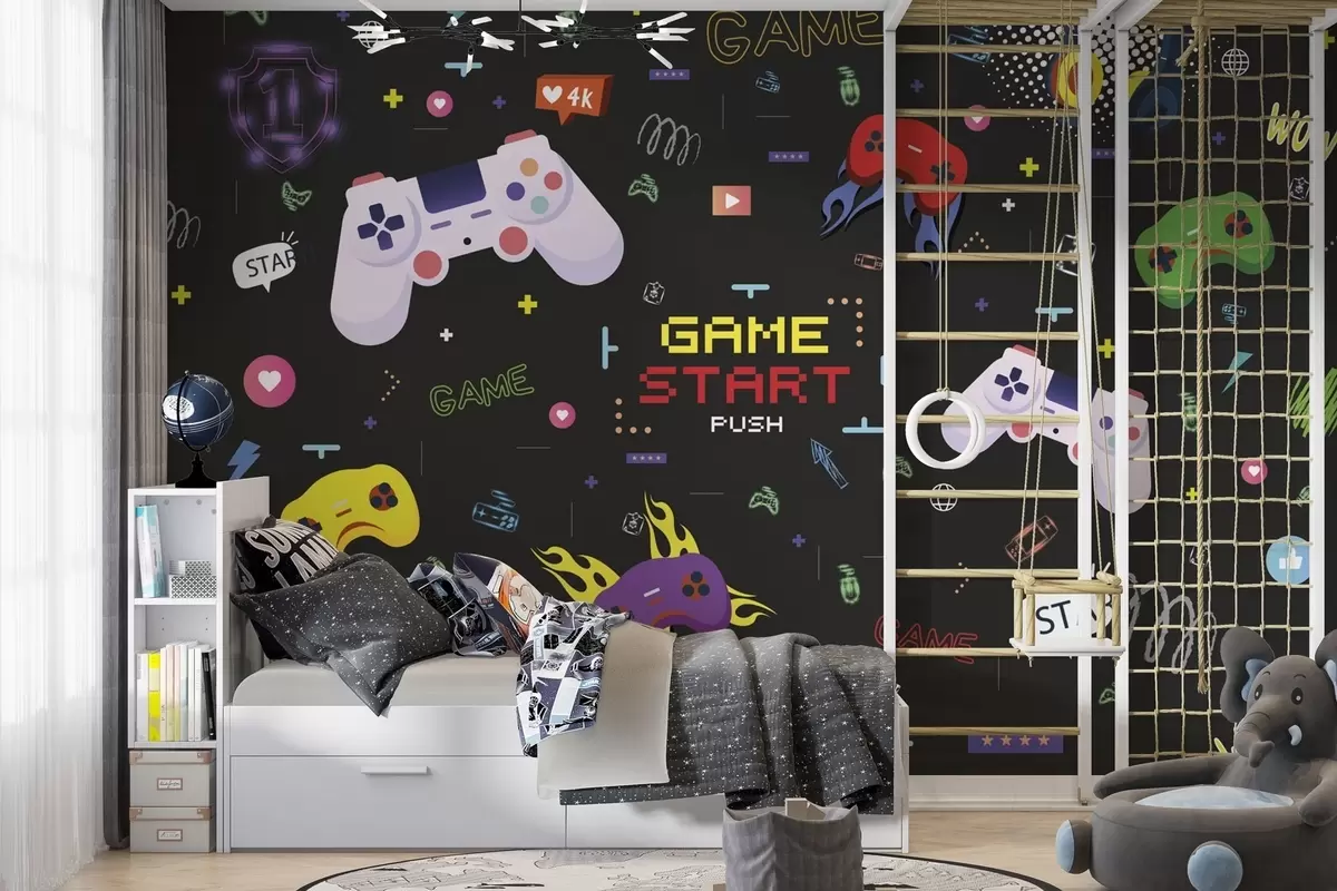 Papier peint Motif gamer lumineux avec consoles et texte pixélisé w04581