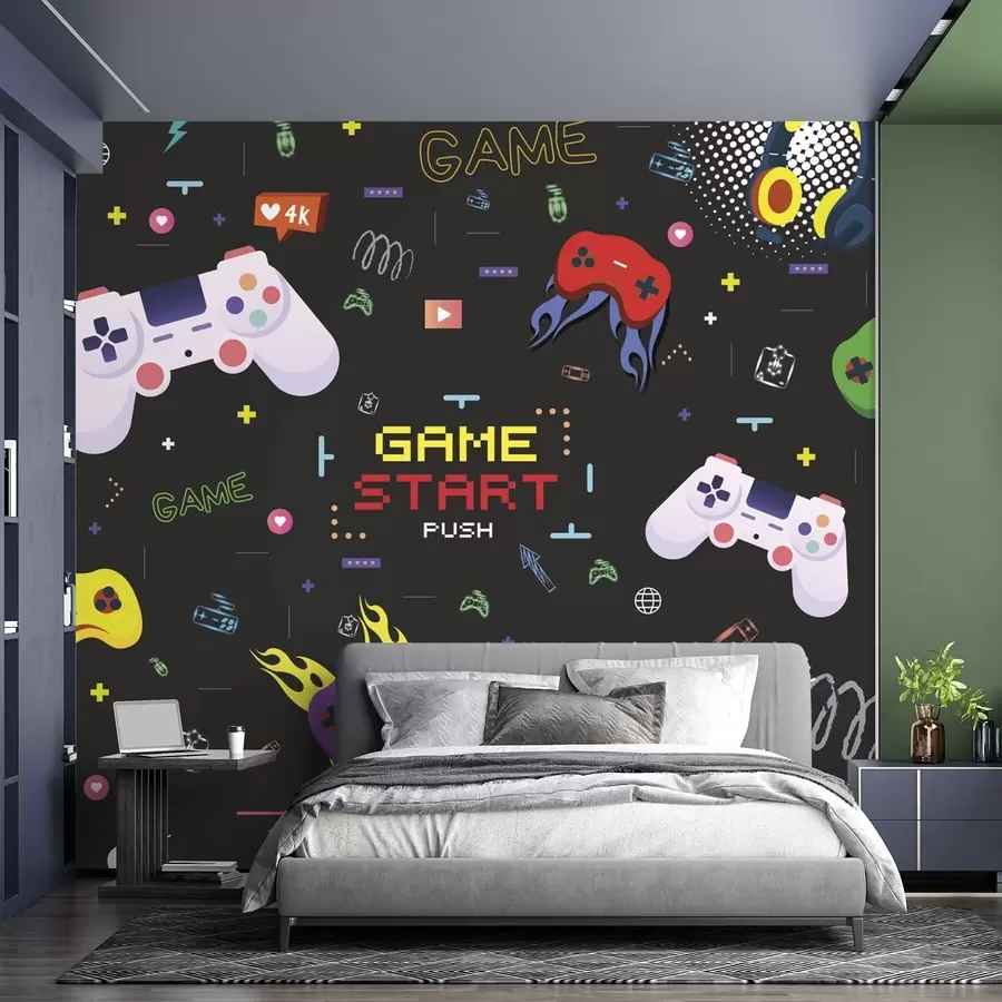 Papier peint Motif gamer lumineux avec consoles et texte pixélisé w04581
