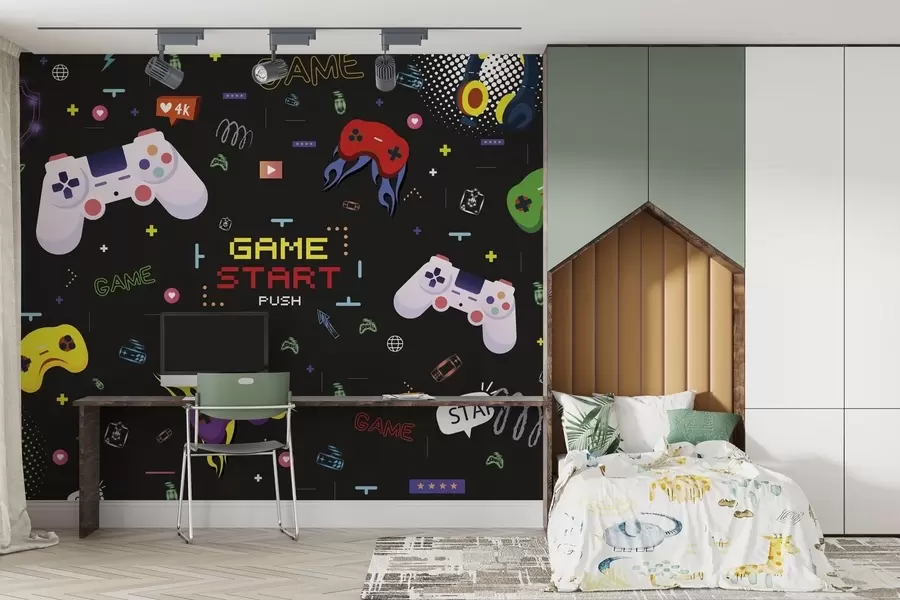 Papier peint Motif gamer lumineux avec consoles et texte pixélisé w04581