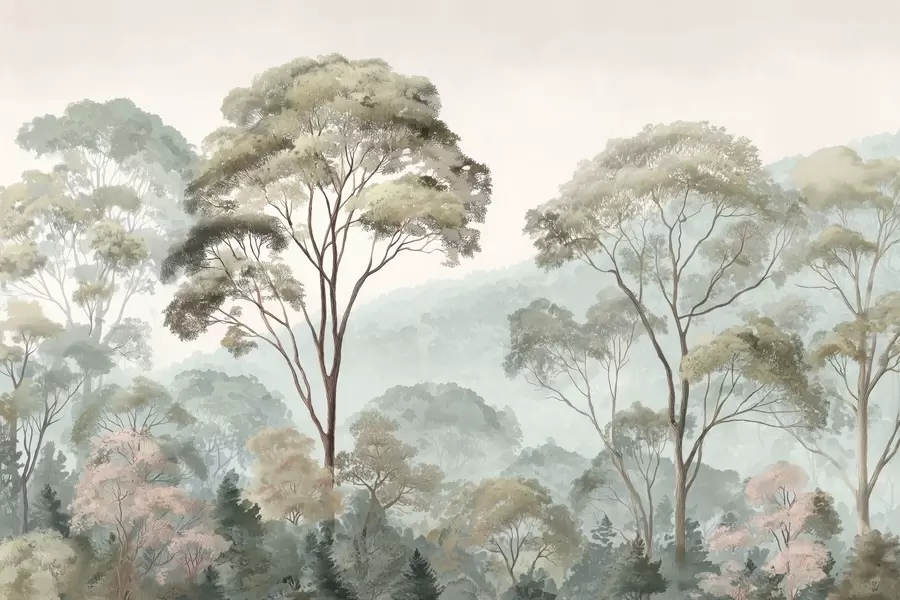 Papier peint Matin brumeux dans la forêt, style aquarelle w09405