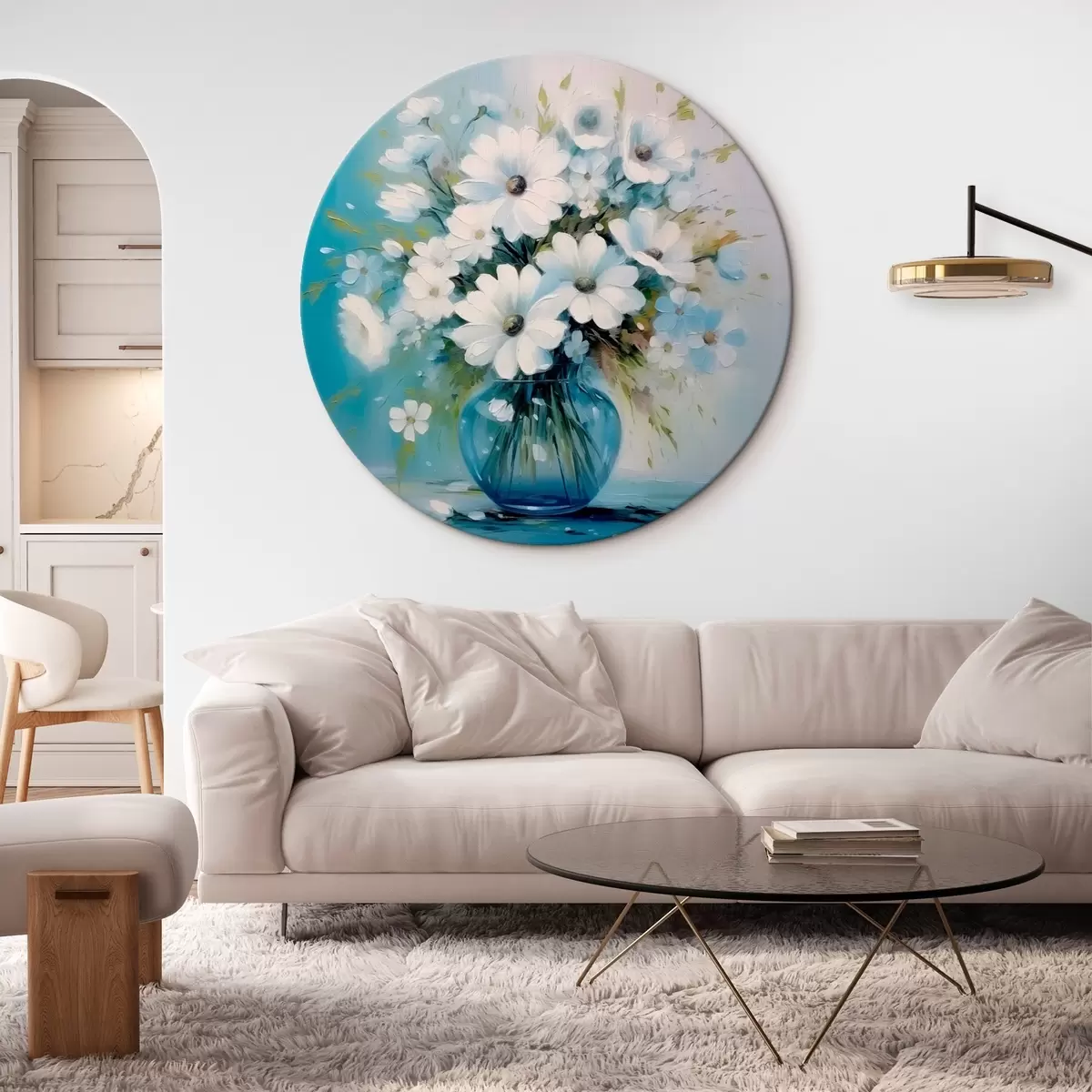 Tableaux rondes Bouquet de marguerites dans un vase bleu r45959