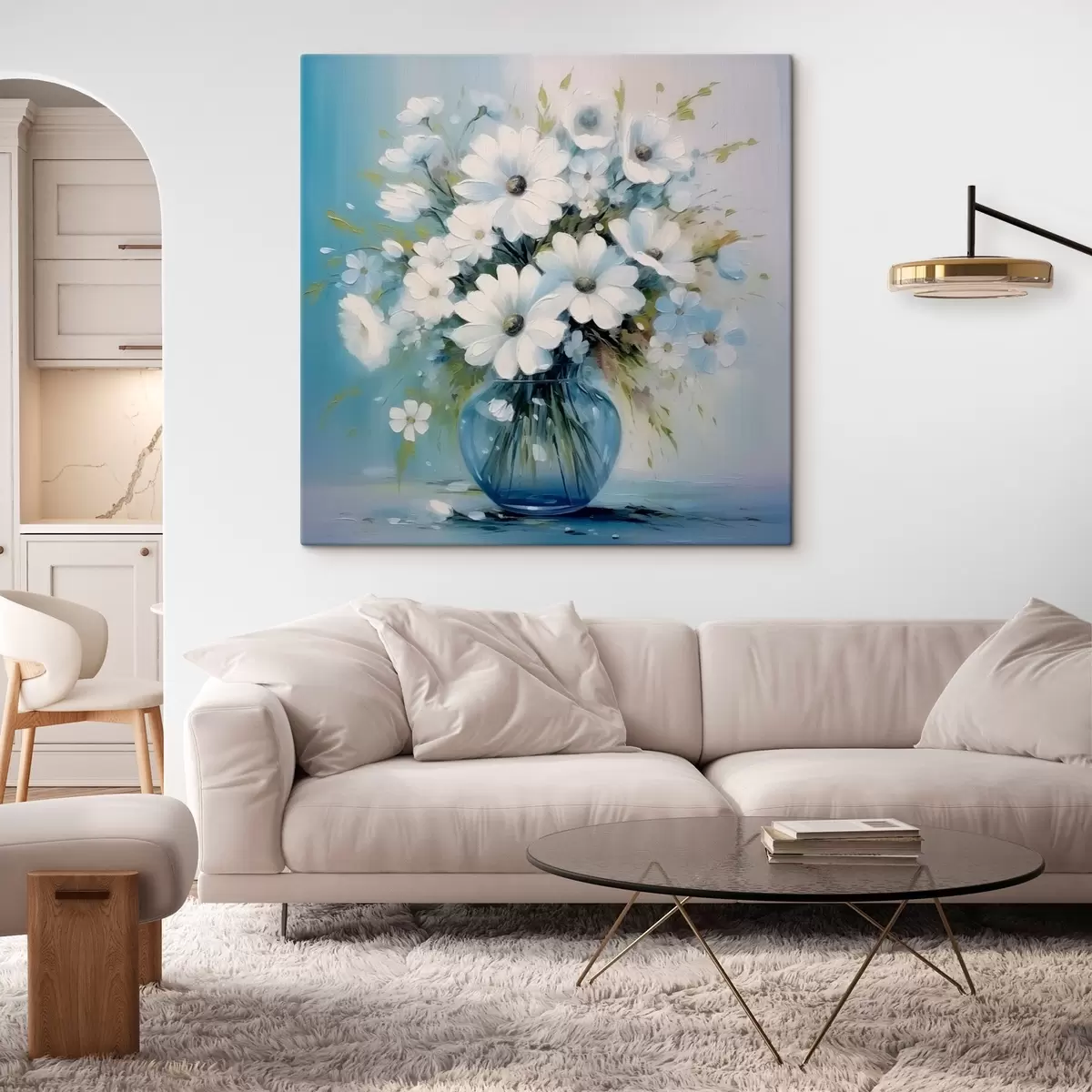 Tableau Bouquet de marguerites dans un vase bleu s45959