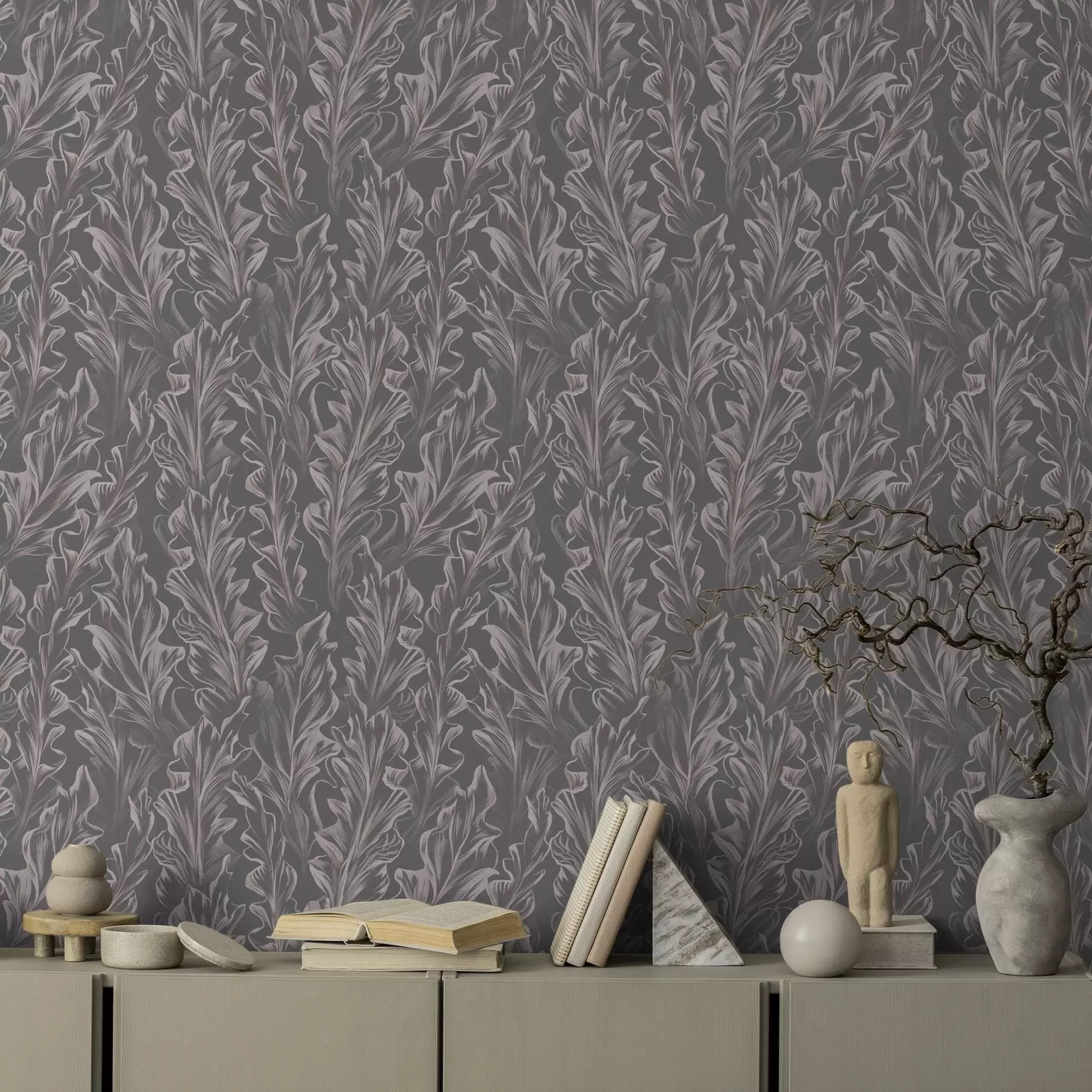 Papier peint Vagues feuillues fluides sur fond graphite, contraste élevé a00495v1