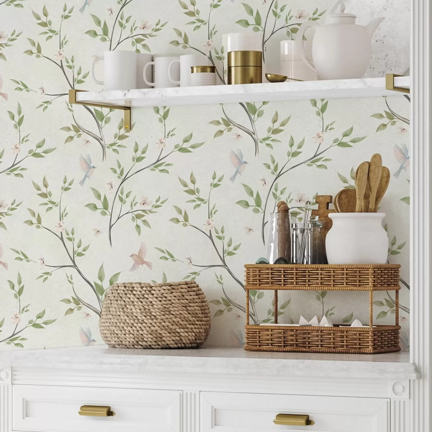 Papier peint Branches aquarellées avec feuilles et oiseaux sur fond clair a00496