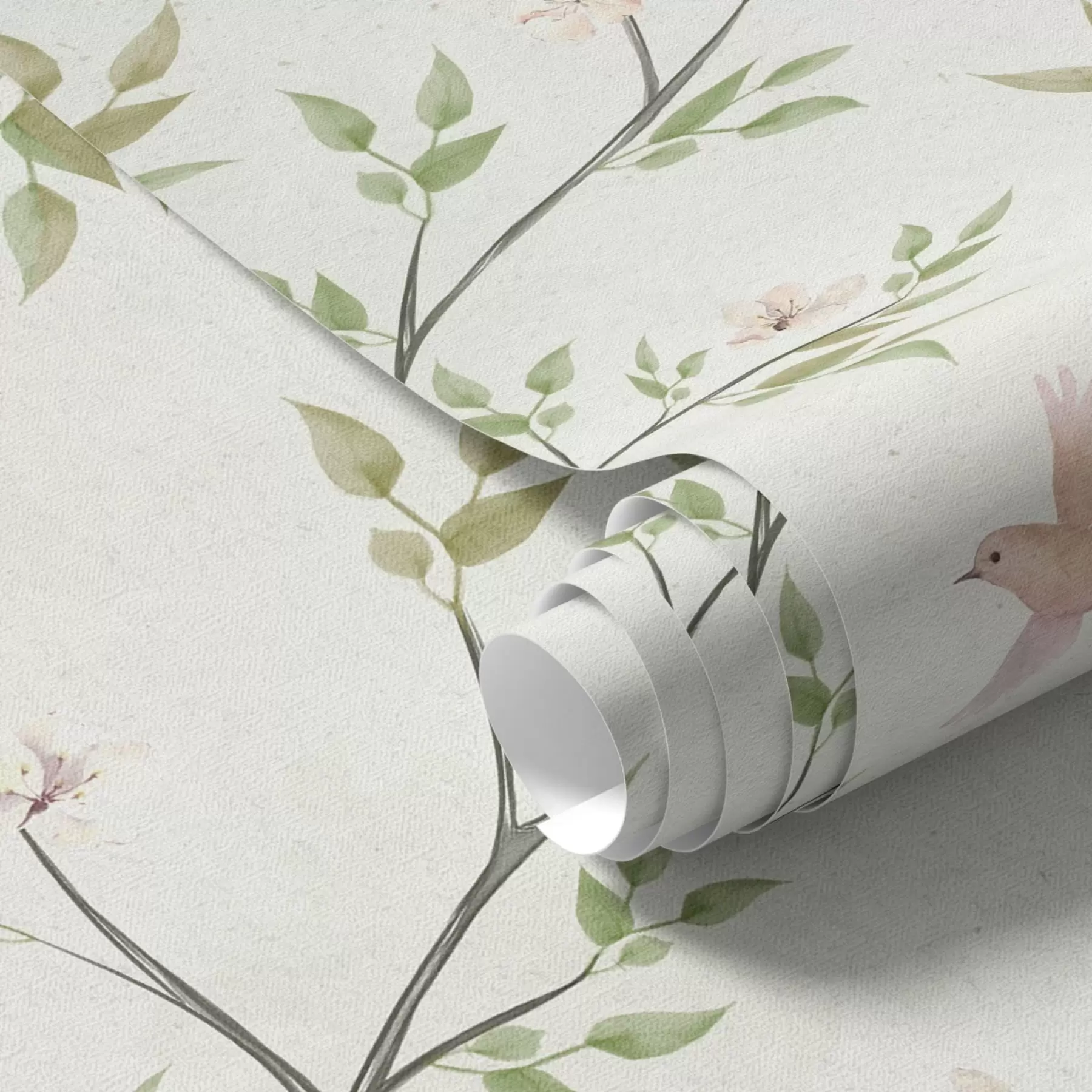 Papier peint Branches aquarellées avec feuilles et oiseaux sur fond clair a00496
