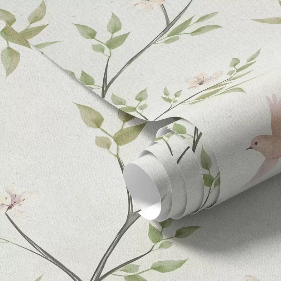 Papier peint Branches aquarellées avec feuilles et oiseaux sur fond clair a00496