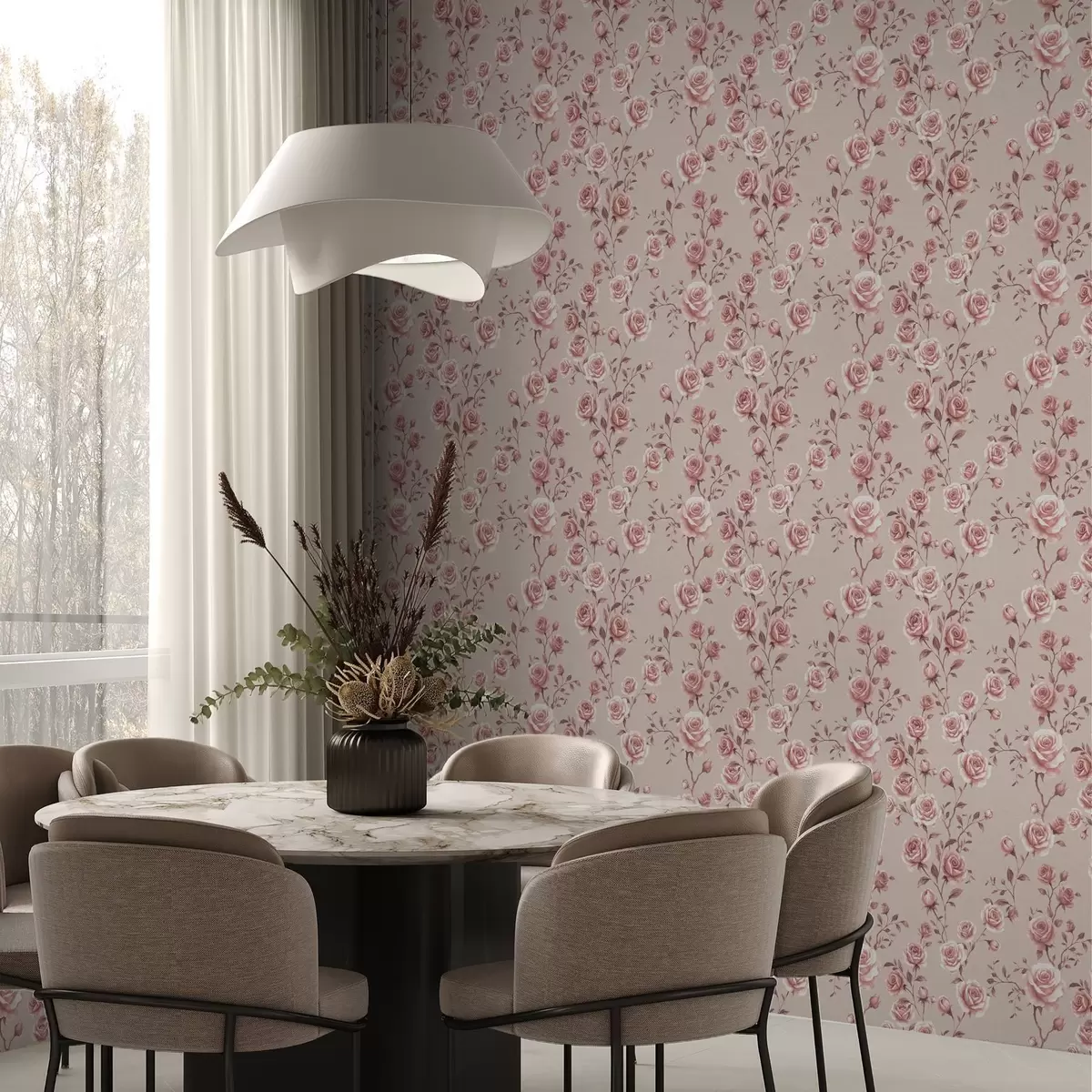 Papier peint Roses poudrées sur fond beige — motif vintage a00497
