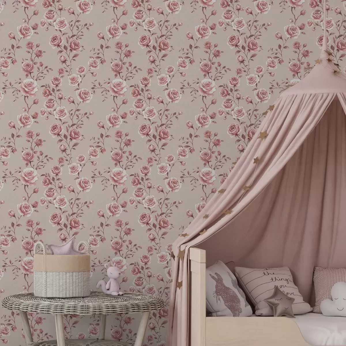 Papier peint Roses poudrées sur fond beige — motif vintage a00497