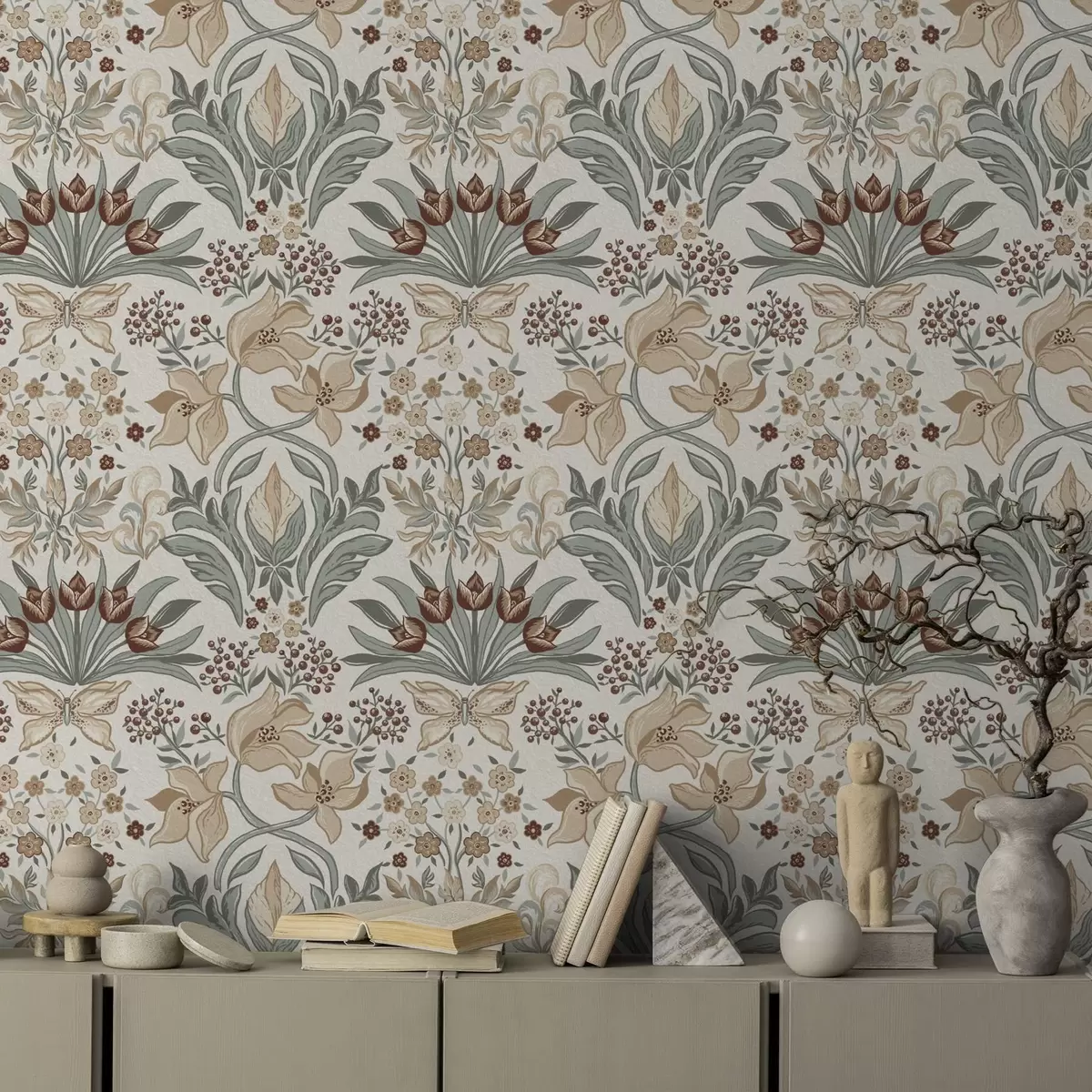 Papier peint Lys décoratifs et papillon sur fond crème a00500