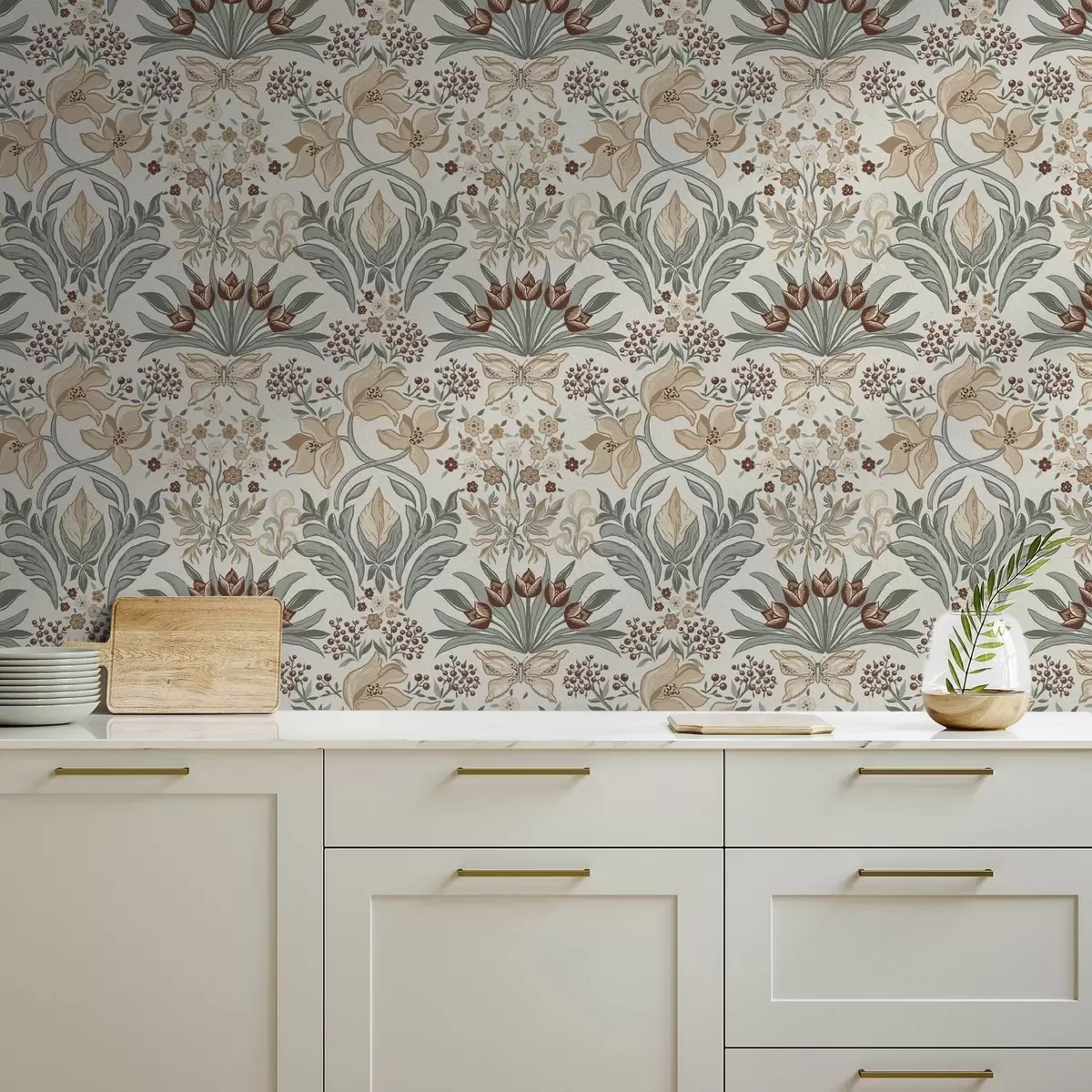 Papier peint Lys décoratifs et papillon sur fond crème a00500