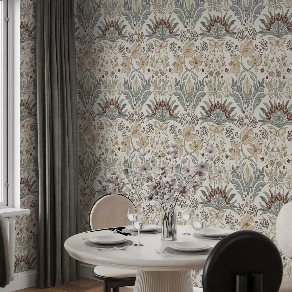 Papier peint Lys décoratifs et papillon sur fond crème a00500