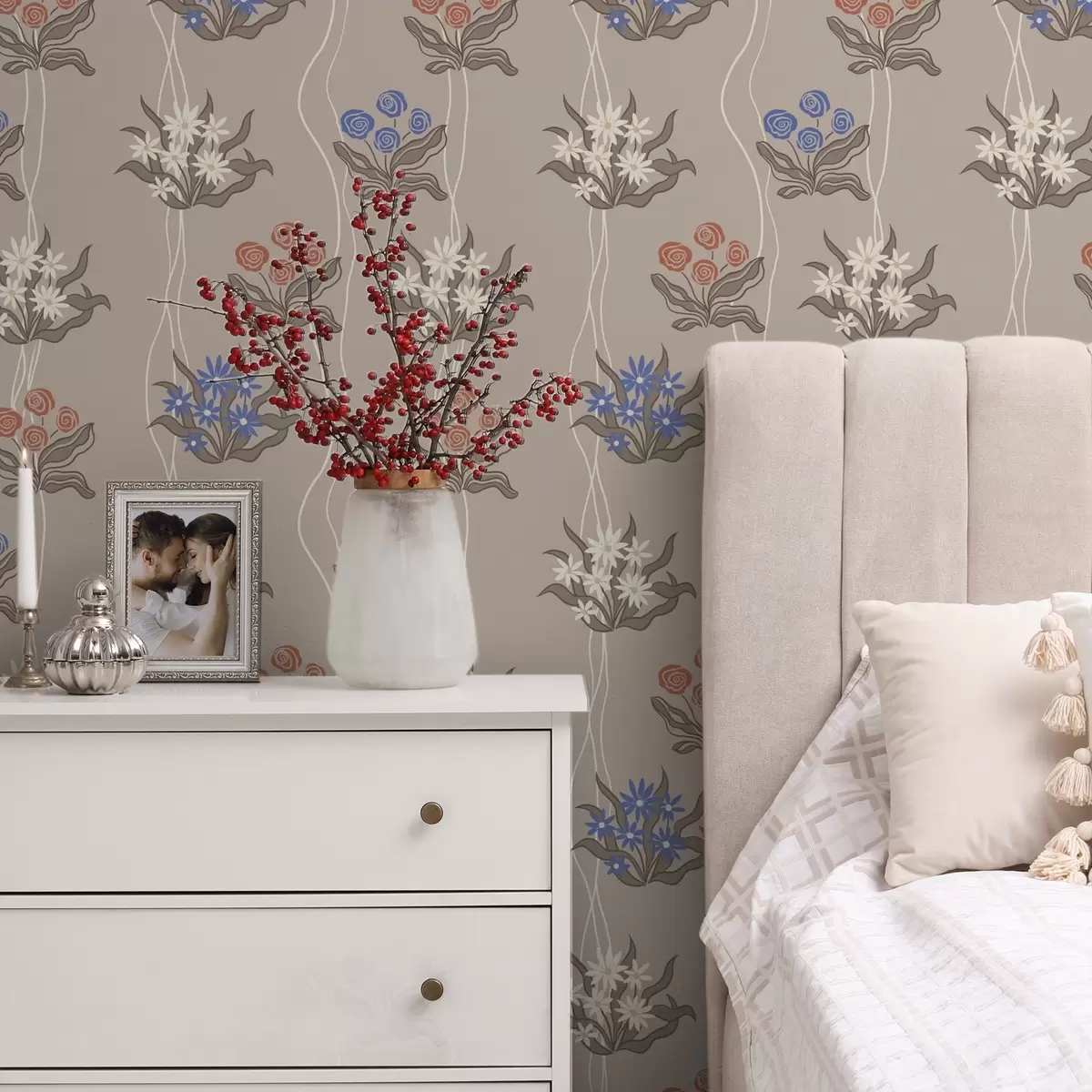 Papier peint Fleurs rétro avec des lignes ondulées sur fond beige chaud a00503
