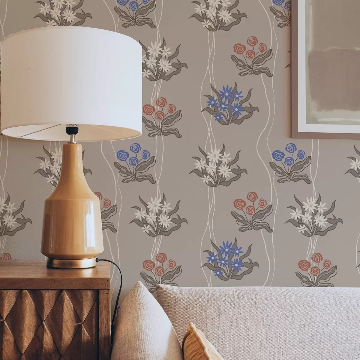 Papier peint Fleurs rétro avec des lignes ondulées sur fond beige chaud a00503