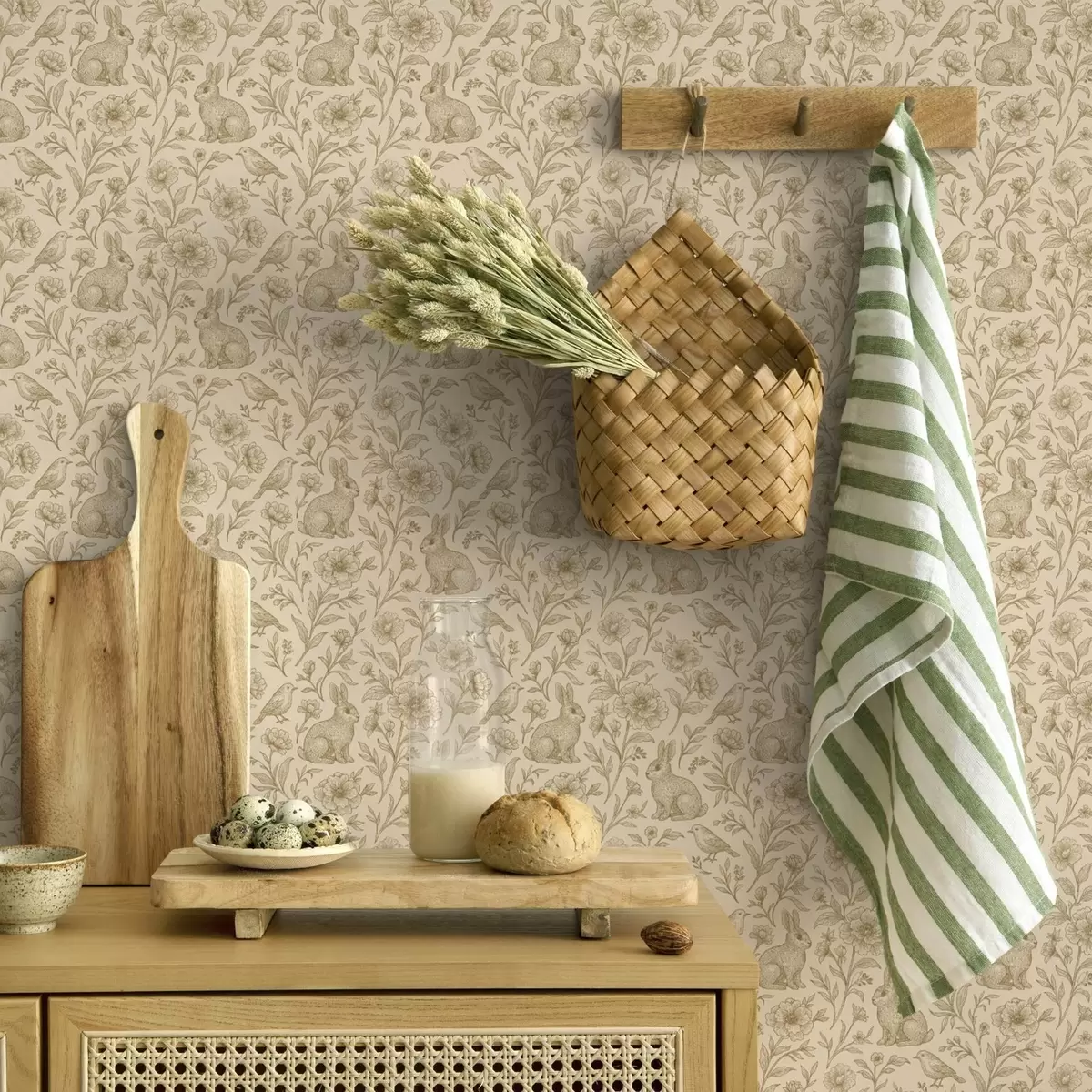 Papier peint Lapins et oiseaux dans un motif floral a00571