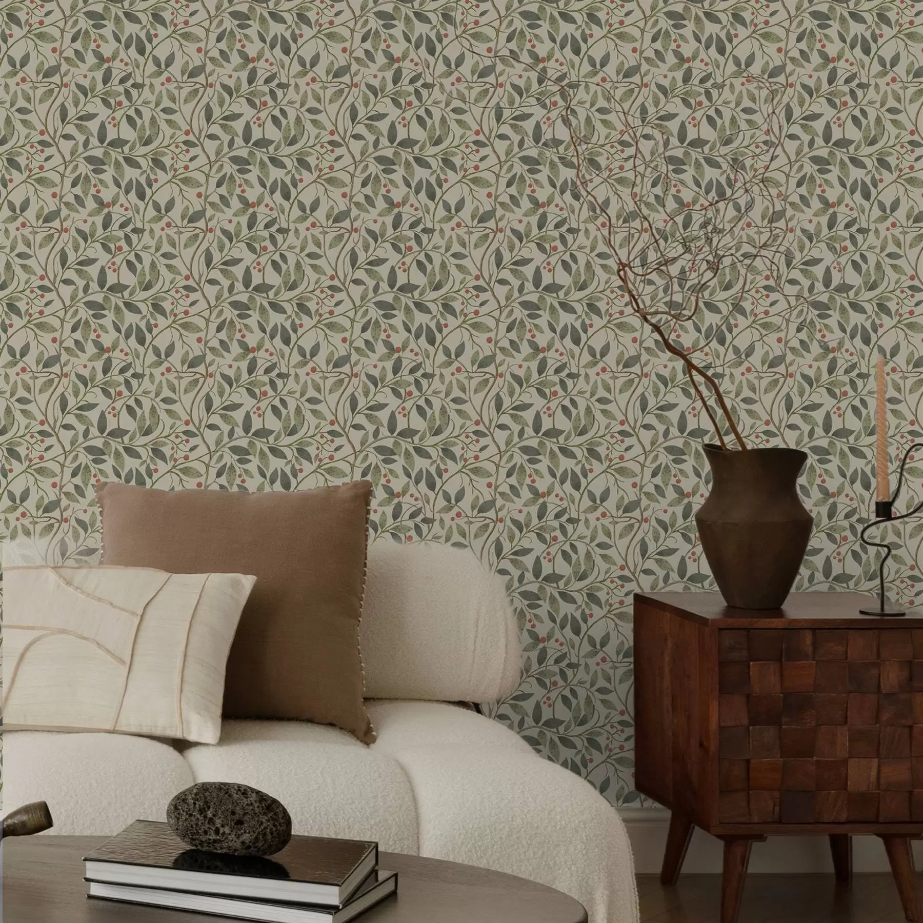 Papier peint Branches d'olivier avec des baies sur un fond clair et chaud a00573