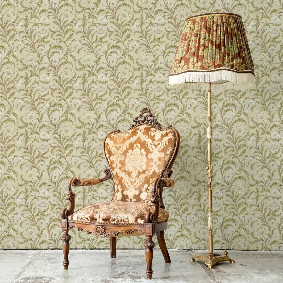 Papier peint Ornement vintage avec volutes et fleurs, beige et olive a00574