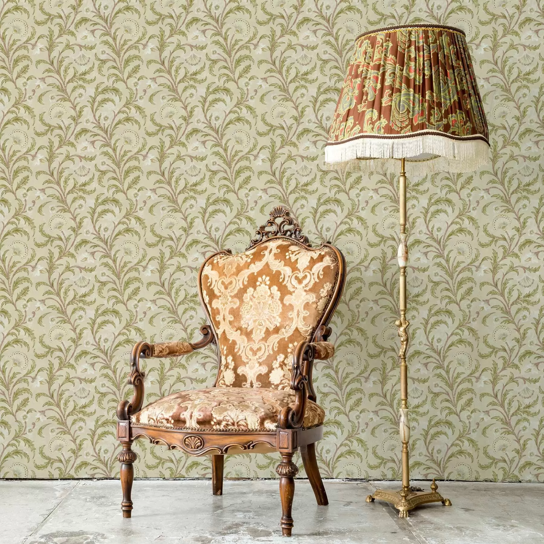 Papier peint Ornement vintage avec volutes et fleurs, beige et olive a00574