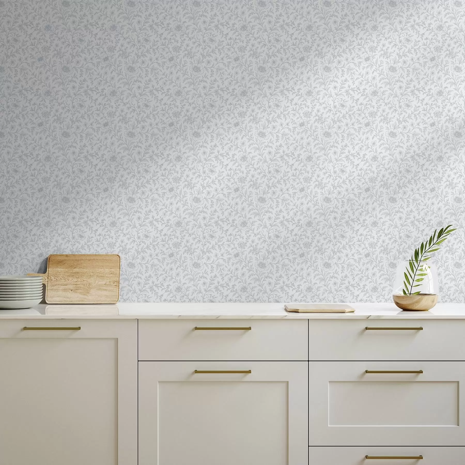 Papier peint Fines fleurs dessinées au trait bleu sur fond blanc cassé a00576