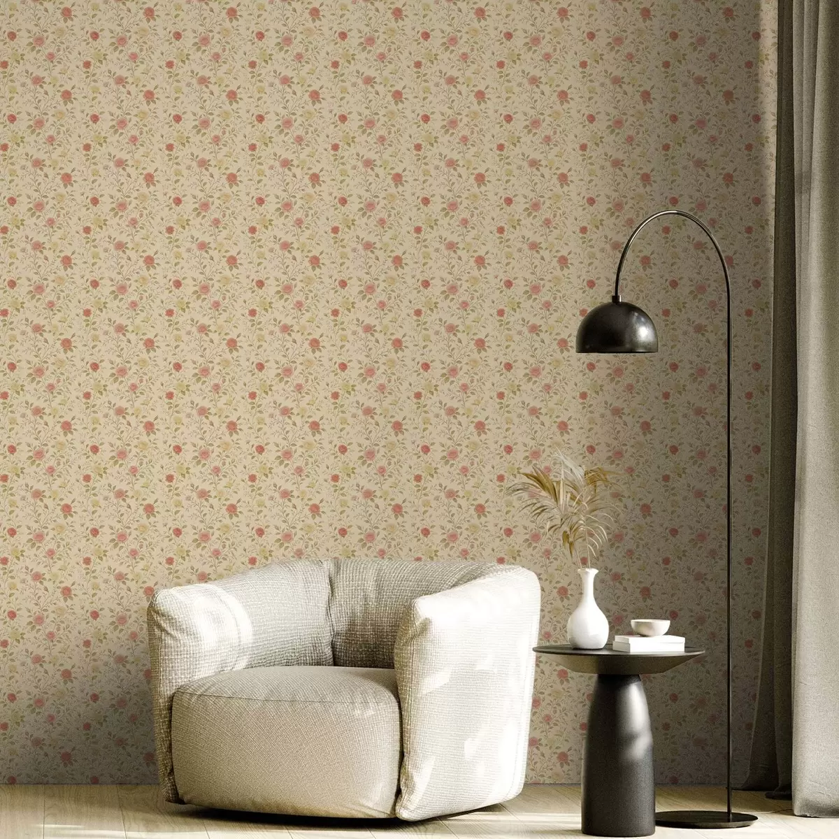 Papier peint Roses vintage couleur pêche et jaune sur fond crème a00577