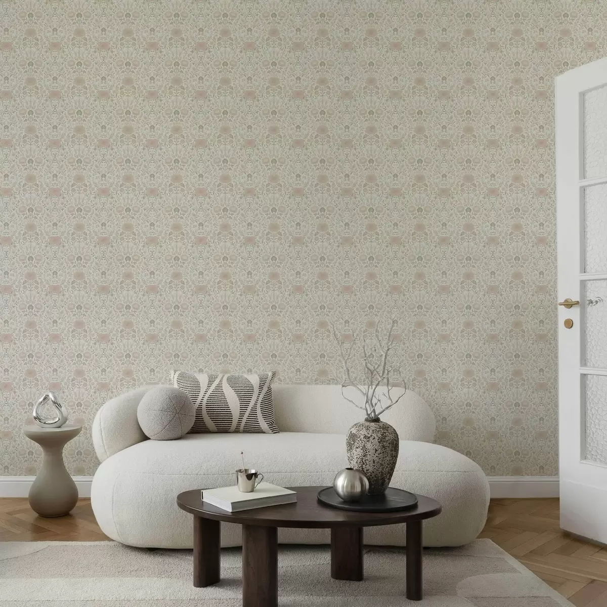 Papier peint Style Morris : pivoines et herbes dans des tons doux de beige et de vert a00581