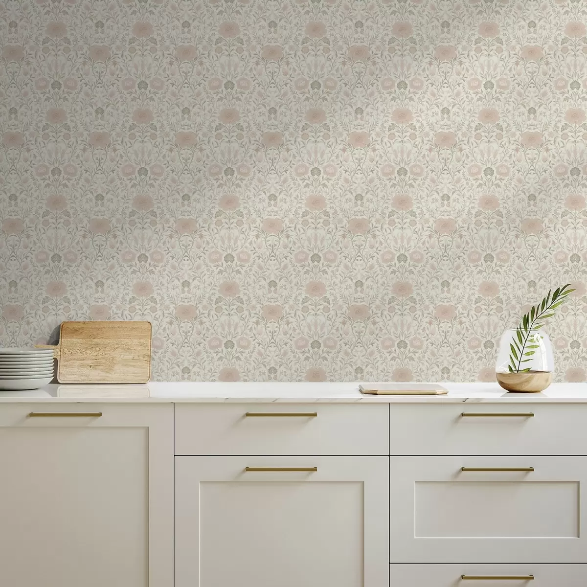 Papier peint Style Morris : pivoines et herbes dans des tons doux de beige et de vert a00581