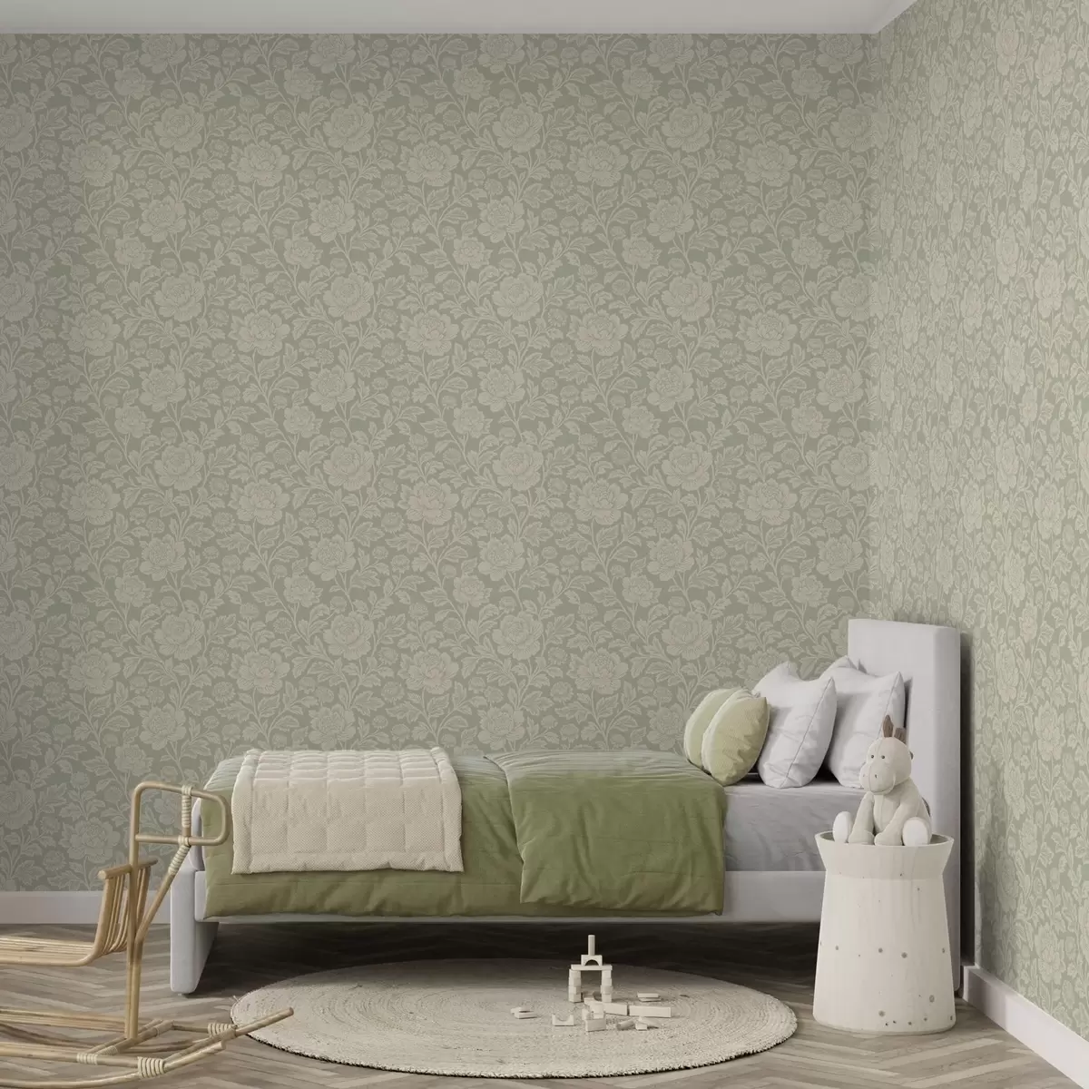 Papier peint Grandes pivoines dessinées au trait sur fond sauge a00582