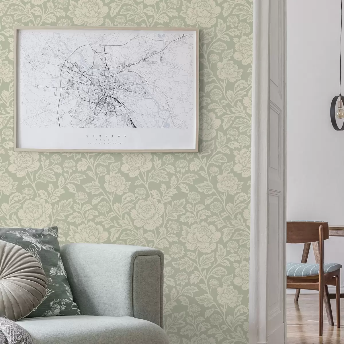 Papier peint Grandes pivoines dessinées au trait sur fond sauge a00582