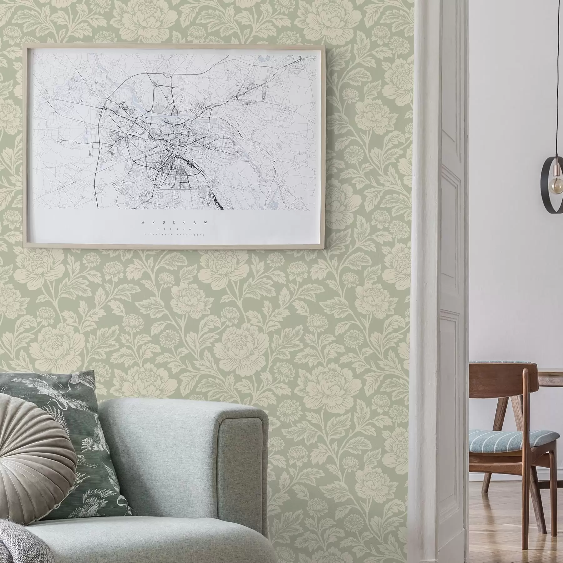 Papier peint Grandes pivoines dessinées au trait sur fond sauge a00582