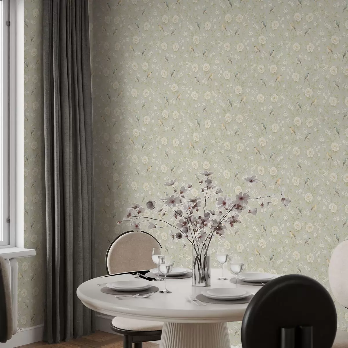 Papier peint Oiseaux parmi les fleurs blanches sur fond gris-vert a00583