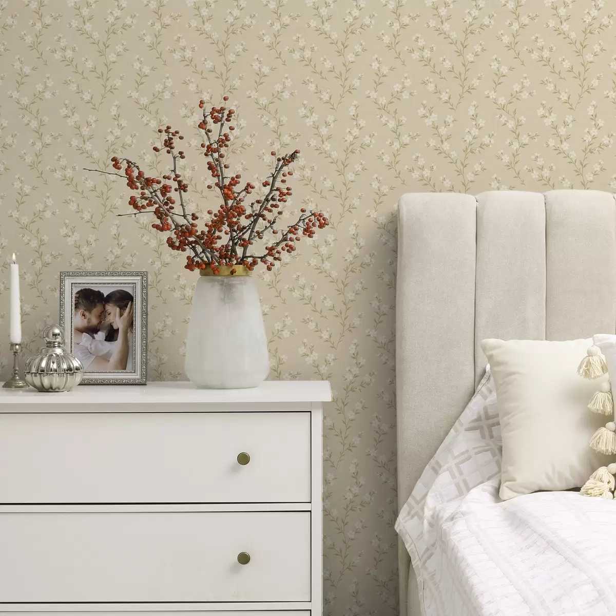 Papier peint Petites branches blanches sur fond de lin beige a00584