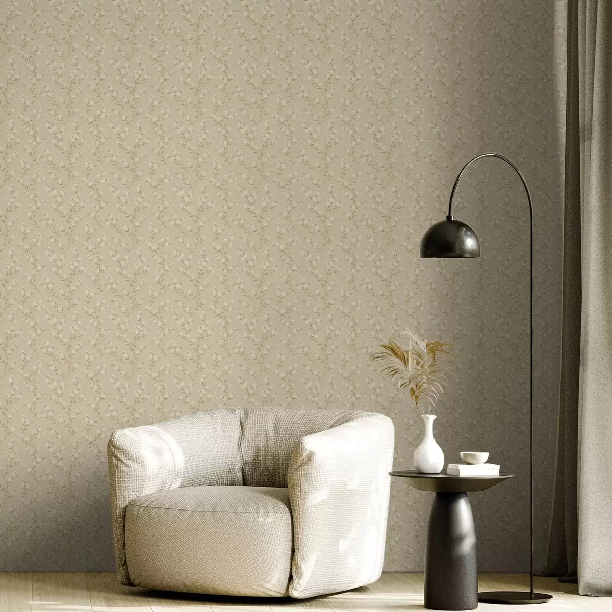 Papier peint Petites branches blanches sur fond de lin beige a00584
