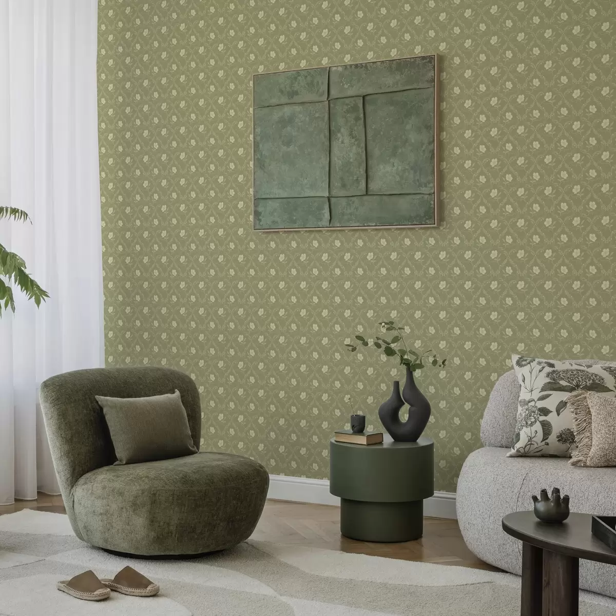 Papier peint Treillis d'oliviers avec fleurs crème, ornement rétro a00585